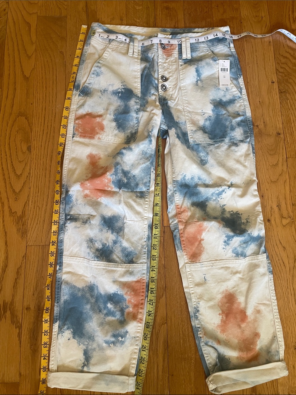 Pilcro Women's Cropped Painter Pants in Cream with Blue & Rust Tie-Dye